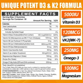 Vitamin D3 K2 Gummies for Adults - Vitamin D3 5000IU + K2 (MK-7) 120mcg - Sugar-Free D3 and K2 Supplements with Omega-3, Methyl B12, B9, B6, Vitamins E & Zinc - for Calcium Absorption & Immune Health