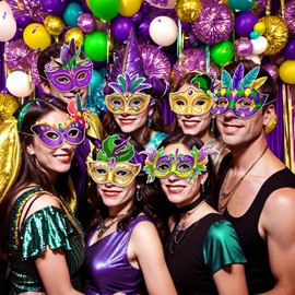 12 Pcs Mardi Gras Mask Paper Masquerade Masks Carnival Parade Prom Purple Green Yellow Feather Masks Party Favors for Women Men Kids New Orleans Dress Up Mardi Gras Decorations Party Supplies