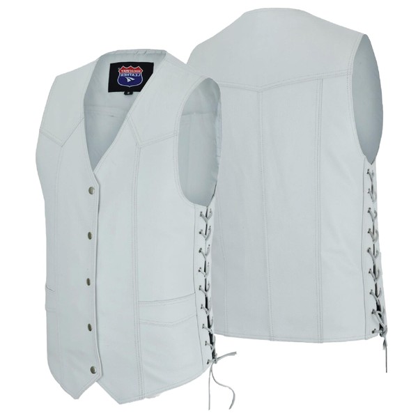 Mens Genuine Leather 10 Pockets Motorcycle Biker Club Vest White