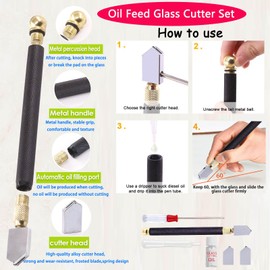 Glass Cutting Kit with Ruler, Oil Bottle, Scoring Tools and Case, 3-14mm，Glass Cutting Tool Wite Carbide Tip Scriber,Steel Ruler,3 Pencil Style Oil Feed Carbide Tip, for Mirrors/Tiles/Mosaic