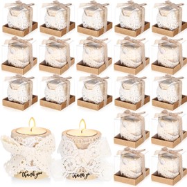 MTLEE 20 Sets Baptism Candle Supplies for Guests Wooden Candle Holders with Tealight Candles Tags and Gift Boxes for Baptism Wedding Party Baby Shower Souvenirs (White 2, Thank You)