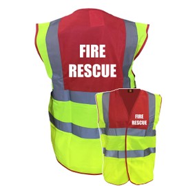 Premium Fire Rescue Yellow Red Hi Vis Viz Reflective Safety Vest Waistcoat, Reflective High Visibility, Printed By Brook Hi Vis, Large