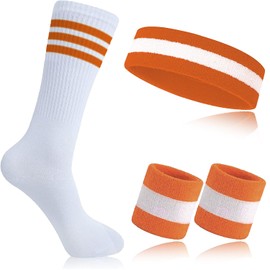 Proxima Direct Sweatbands Set, Including 1 Sports Headband +2 Wrist Sweatbands +1 Striped Sock for Women Men Girls Boys,Sports Sweatband for Gym Workout Yoga Soccer Boxing Tennis (Orange+White+Orange)