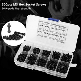 Screw Nut - 300pcs M3 Black 10.9 Grade Button Head Hex Socket Screw Bolt Nut Assortment Kit