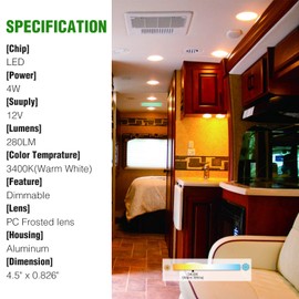 Homdec 4.5inch RV LED Recessed Down Light, 12V LED RV Puck Light, 3500K Warm White, 12Volts Interior Light for RV Boat Trailer Camper Motorhome Truck, 6Packs