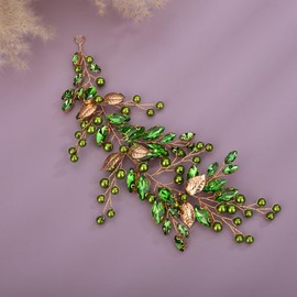 Denifery Rhinestone Bridal Hair Vine Pearl Wedding Headband Rhinestone Bride Headpiece Leaf Hair Accessories for Women and Girls (Green)