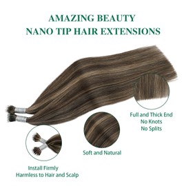ABH AmazingBeauty Nano Tip Hair Extensions - Real Human Hair, Nano Ring Highlight, Cold Fusion, 50g/s, Chocolate Brown Caramel Blonde #P4-27, 22 Inch