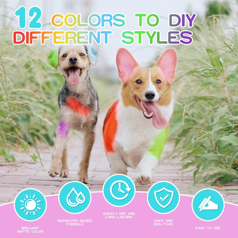 12 Pack Dog Hair Color Dye Temporary Non-toxic Vibrant Colors