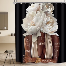 MESHELLY African American Shower Curtain 72Wx72H Black Girl Vintage Floral Woman Queen Curtain for Bathroom Bathtub Peony Rose Quotes Bath Curtain Cloth Fabric Bathroom Accessories Decor with 12 Hooks