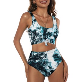 ZAFUL Women's Knot Seawater Print Bikini Set High Waisted Tankini Two Piece Push Up Swimsuits Bathing Suits, 2XL