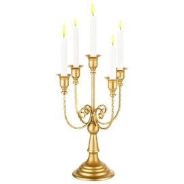 5 Arms Metal Candelabra Gold Candle Holder Modern Decorative Centerpiece Candlestick Holders for Table Wedding Halloween Christmas Party (1, Gold)