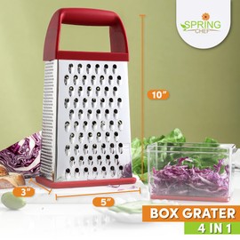 Spring Chef Professional Red 10" Parmesan Cheese Grater With Container, Stainless Steel & Soft Grip Handle, 4 Sided Kitchen Carrot Shredder, Handheld Box Grater for Potato, Veggie, Ginger, Hashbrown