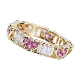 925 Sterling Silver Shiny Full Diamond Ring 18K Gold Cocktail Rings Heart-Shaped Pink Cubic Zirconia Promise Rings CZ Heart Diamond Ring Eternity Engagement Wedding Band Ring TZ.104 (US Code 10)