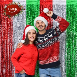 LOLStar 5 Pack Christmas Foil Fringe Curtains Christmas Party Decoration 3.3X6.6 ft Red Silver Green Wavy Tinsel Fringe Party Photo Backdrop Streamer Backdrop for Christmas,New Year,Ugly Sweater Party