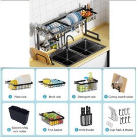Large Over The Sink Dish Drying Rack (33.4"-41.3") 2 Tier Length Adjustable Dish Drainer for Kitchen Sink Auto Drainage Space Saving Kitchen Organizer, Black