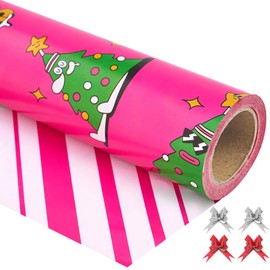 EWES Funny Christmas Wrapping Paper Rolls Set, Pink Kids Heavy Duty Premium Gift Wrap, Cute Cartoon with Christmas Tree,Reversible, Total 28.5sq.ft