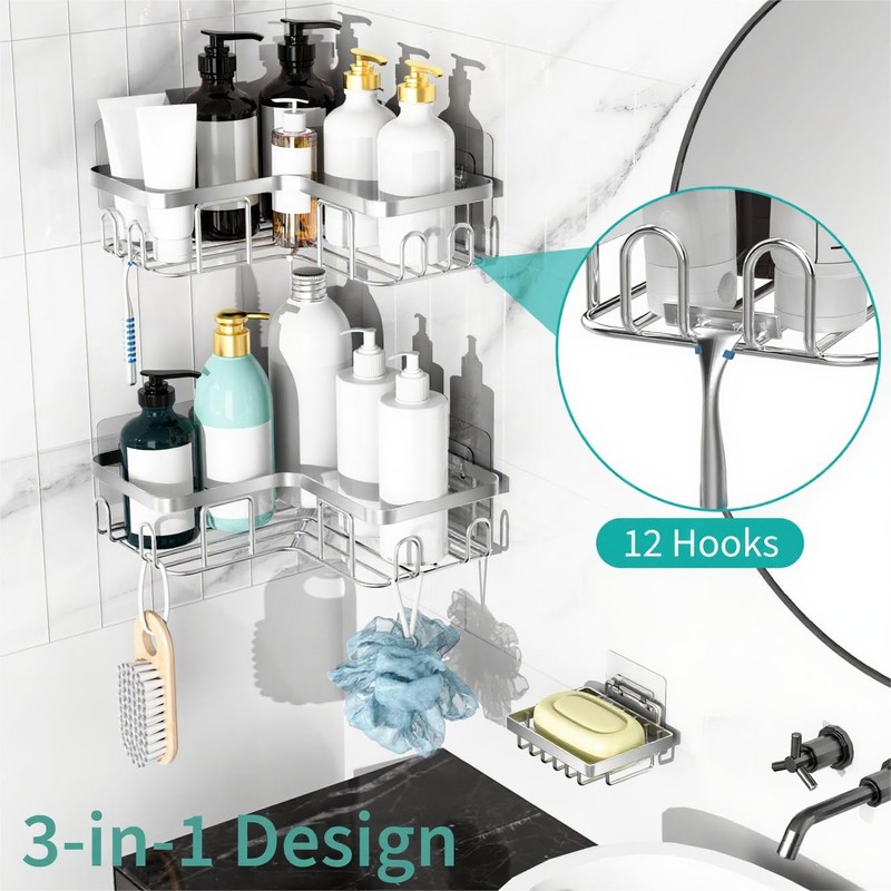 Moforoco Corner Shower Caddy Shelf Organizer Rack, Self Adhesive Black