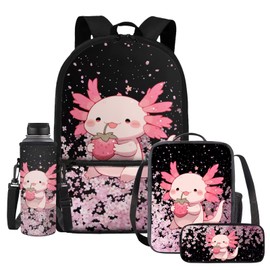 Dremagia Axolotl School Backpack for Girls 6-8 Years Old with Lunch Bag Elementary Strawberry School Backpack Kids Lunchbox Set 4 Piece Bookbag/Lunch Box/Pencil Case/Water Bottle Holder