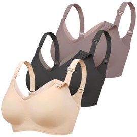 Gailife 3 Pack Nursing Bras for Breastfeeding Seamless V Neck Mesh Maternity Bra Comfort Pregnancy Sleep Bralette - L, Black/Beige/Grey
