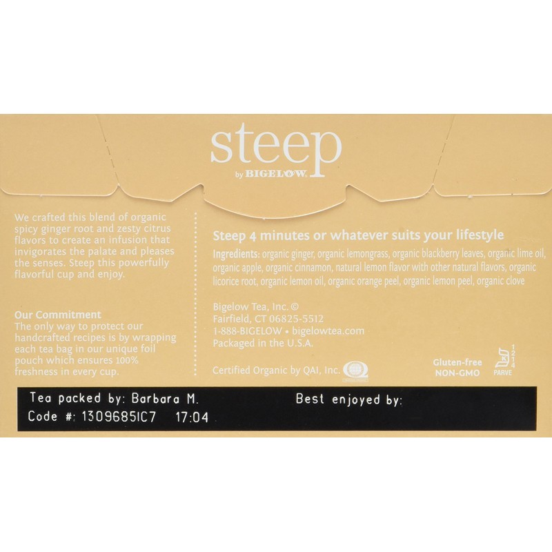 steep by Bigelow Organic Lemon Ginger Caffeine-Free Herbal Tea, 20