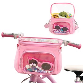Girls Bike Basket Front, Pink Bicycle Handlebars Basket Fit Most Kids Tricycle Balance Bikes Knee Scooter, Kids Bike Accessories Scooter Bag with Adjustable Shoulder Strap Gifts for Girls