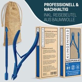 KLINGENHELD® Precise Cuticle Nippers with 1 Cuticle Pusher - Very Smooth & Extra Sharp - Includes Travel Case Made of Cotton 100% Plastic-Free & Sustainable - Cuticle Scissors, Cuticle Cutter