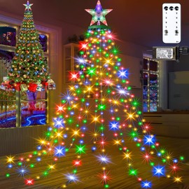 Christmas Tree Lights with Star Topper, 400LED Christmas String Lights with Ring for Tree, 6.6FT x 16 Drop Fairy Lights with 8 Modes Timer Remote for Indoor Outdoor Xmas Tree Decor, Multicolor