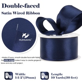 HUIHUANG Navy Blue Satin Wired Ribbon 1-1/2 inch Navy Double-Faced Satin Wire Edge Ribbon for Bows, Gift Wrapping, Wreaths, Christmas Tree Decor, Garland, DIY Crafts-Continous 10 Yards