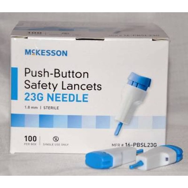 MCK16232400 - Lancet McKesson Push-Button Safety Needle 1.8 mm Depth 23 Gauge Spring-Loaded Push Button