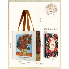 AUSVKAI Aesthetic Canvas Tote Bag for Women, Cute Reusable Vintage Sunflower Sturdy Oil Painting Bags with Pockets& Snaps for Beach Shopping College Gym Grocery