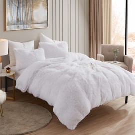 Queen Luxury Faux Fur Comforter Set - Soft & Breathable 7-Piece Bedding Collection - 1 Comforter, 1 Fitted Sheet, 1 Flat, 2 Pillowcases, 2 Pillow Shams - Deep Pocket - Premium Quality, White