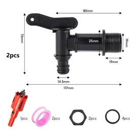 2 Pack Rain Bucket Spout Faucet 3/4" Water Butt Tap Plastic Snap-Fit Hosepipe Gasket Faucet, Plastic Drain Faucet with 25mm Hole Opener for Rain Bucket Tank Gardening(Black)