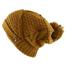 Morehats Flip Up Brim Crochet Knit Pom Pom Warm Winter Beanie - Dark Yellow