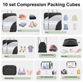 Qlfyuu Compression Packing Cubes for Suitcases Backpack, 10 Piece Lightweight Compression Bags Set Travel Storage Bags for Luggage, Travel Essentials Organiser, Black