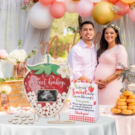 64pcs A Berry Sweet Baby is on the Way Baby Shower Guest Book Alternative Wooden Guest Sign in Strawberry with Sonogram Photo Frame Pregnancy Keepsake Welcome Baby Gender Reveal Party Decorations