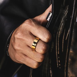 Cross Rings for Men, 18K Gold Plated Mens Rings Stainless Steel Silver Lord Prayer Jesus Christian Black Pinky Ring, Ring Size 5 to 13 (Gold, 9)