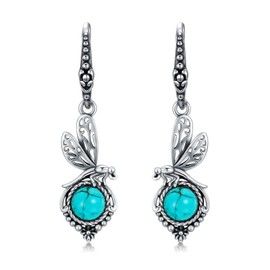 Lvoryance Genuine Turquoise with Butterfly/Dragonfly/Hummingbird Hook Earrings 925 Sterling Silver Western Style 6 mm Round Green Turquoise Hook Dangle Earrings for Women Gifts, Sterling Silver,