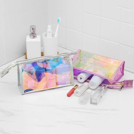 AJOJO 3 Pcs Holographic Makeup Bags, Iridescent Cosmetic Bag with 3 Colors Waterproof Cosmetic Zipper Bag Clear Portable Toiletries Travel Bag for Makeup Organizer, Brushes, Women Gifts