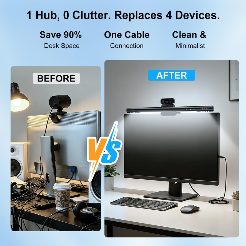 4K Webcam for PC with Microphone&Light,4-in-1 Web Cam with Speaker,Dual