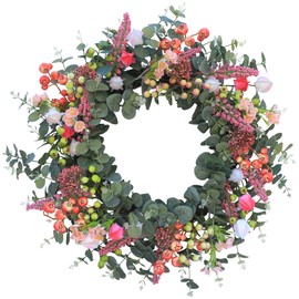 Eucalyptus Wreath for Front Door 24 Inch Purely Handmade Berries Spring Wreaths with Bud, Hawthorn Berry, Wildflower, Window - Green Decor for Home, Farmhouse - Spring, Summer, Fall, All Seasons