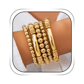 Dmaiy 5pcs Gold Bracelets for Women Gold Bead Bracelet Set Layered Tube Bracelets Chunky Stretch Bangle for Holiday Party (Gold)