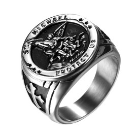 Flongo Saint Michael Ring for Men: Religious San Miguel Arcangel Medalla Ring Sliver Stainless Steel Ring Amulet Jewellery Gift #9