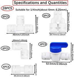 HUAZIZ 28 Piece Universal Connection Set Adapter Fitting Connector, RO Water Filter Fitting, for 1/4 Inch (6 mm) Hose, Refrigerator Hose, Water Hose (Y + T + I + L Type + Shut-off Valve)