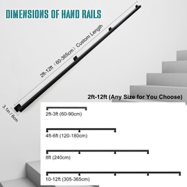 12 Feet Black Metal Handrail for Indoor Stairs – Sturdy Wall Mounted Stair Railing,Staircase Handrails 440lbs Load, Non-Slip Square Tube Hand Rails for Indoor Stairs, Industrial Pipe Stair Railing