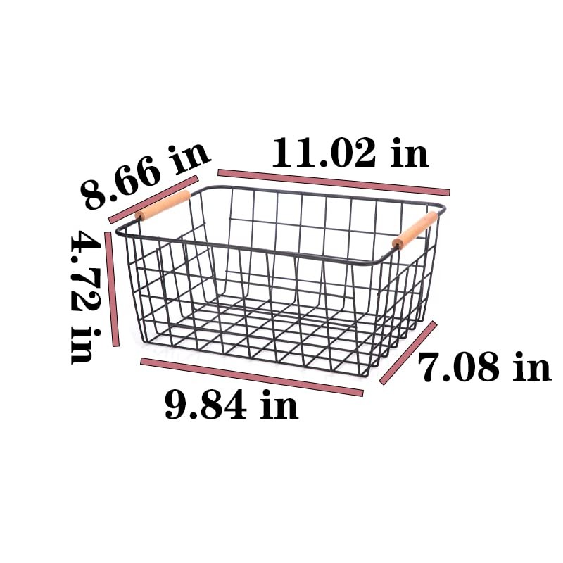 LeleCAT Wire Baskets with Wooden Handles Wire Storage Organizer Bin