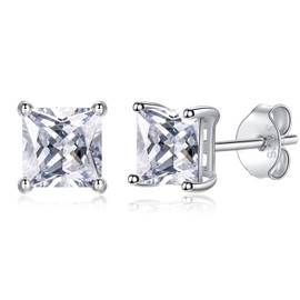 Silver Stud Earrings for Women, 14K White Gold Diamante Earrings Cubic Zirconia Small Stud Earrings Square Earrings Set for Women Girls, 5mm