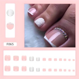 French Tip Press on Toenails Square Toe Nail Press ons Nude Glossy Fake Toe Nails for Rhinestone Design Glitter Toe Press on Nails Acrylic Press on Toenails for Women