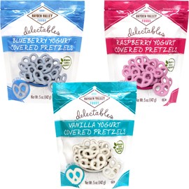 Hayden Valley Foods Yogurt Covered Pretzel Variety Pack - 5oz Resealable Bags (Pack of 3) - Raspberry, Blueberry and Vanilla - Gourmet Naturally Flavored Pink, Blue and White Pretzels