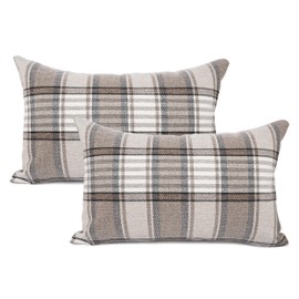 YOUR SMILE Set of 2 Retro Farmhouse Outdoor/Indoor Buffalo Tartan Chequer Stripe Plaid Cotton Linen Decorative Throw Pillow Case Cushion Cover Pillowcase for Sofa Chair,Brown, 12x20inch