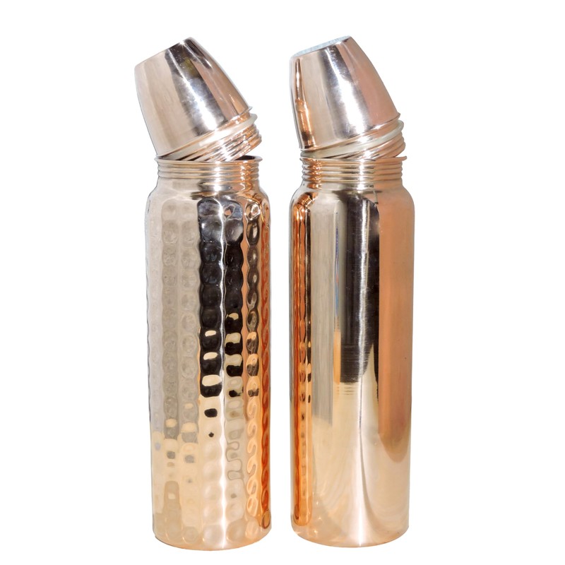Set of Plain and Hammered Copper Water Bottle Thermos, 850